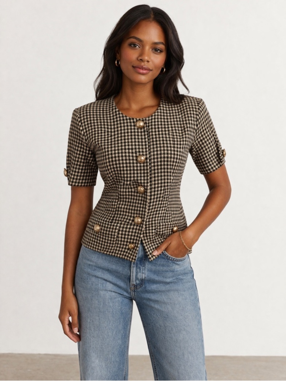 VINTAGE Rampage Green & White Houndstooth Pintucked Top Pearl Button